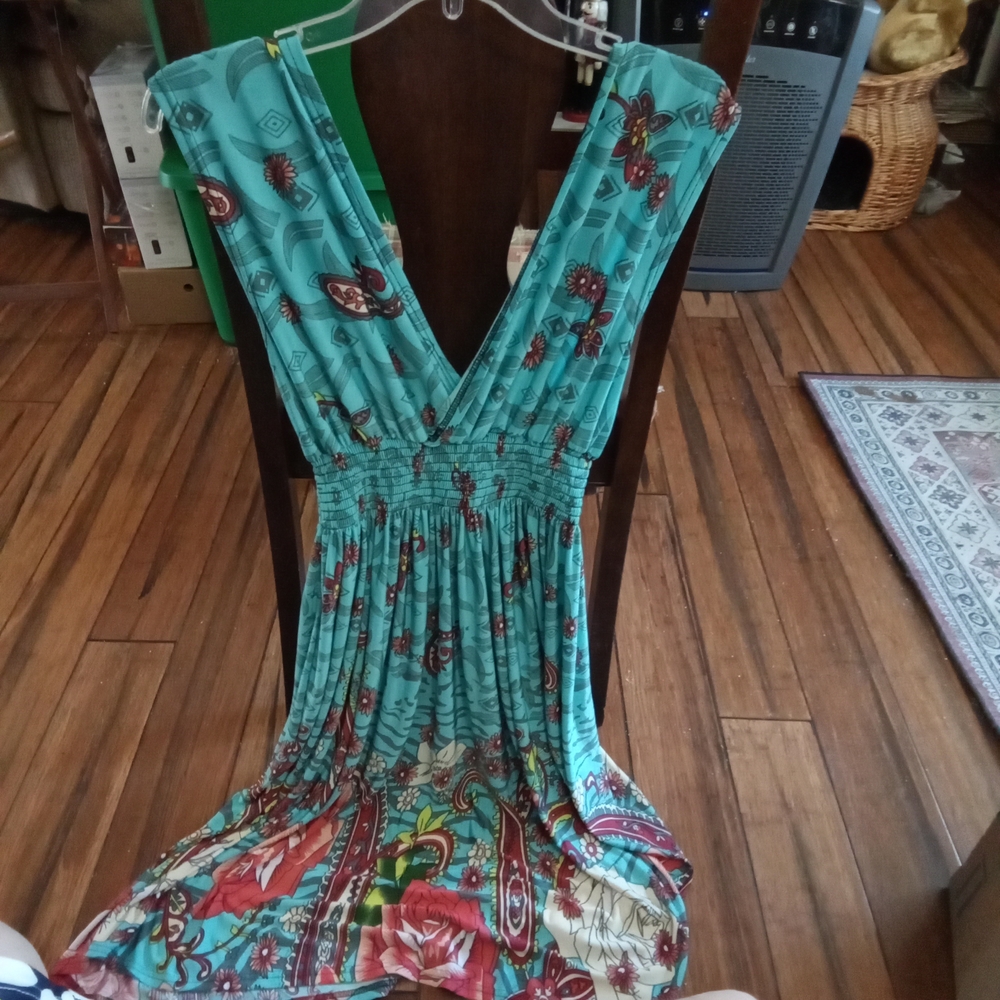 WinWin Teal and Red Floral Midi Sun Dress Size L/Xl